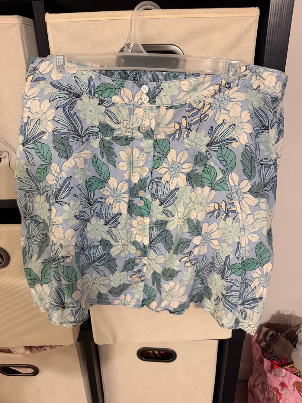 Loft Floral Button-Front A-Line Skirt - Blue/Green